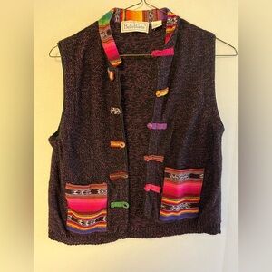 VTG BellePointe Aztec Boho Vest Colorful Knot Buttons Pockets 90s Hippie Size M